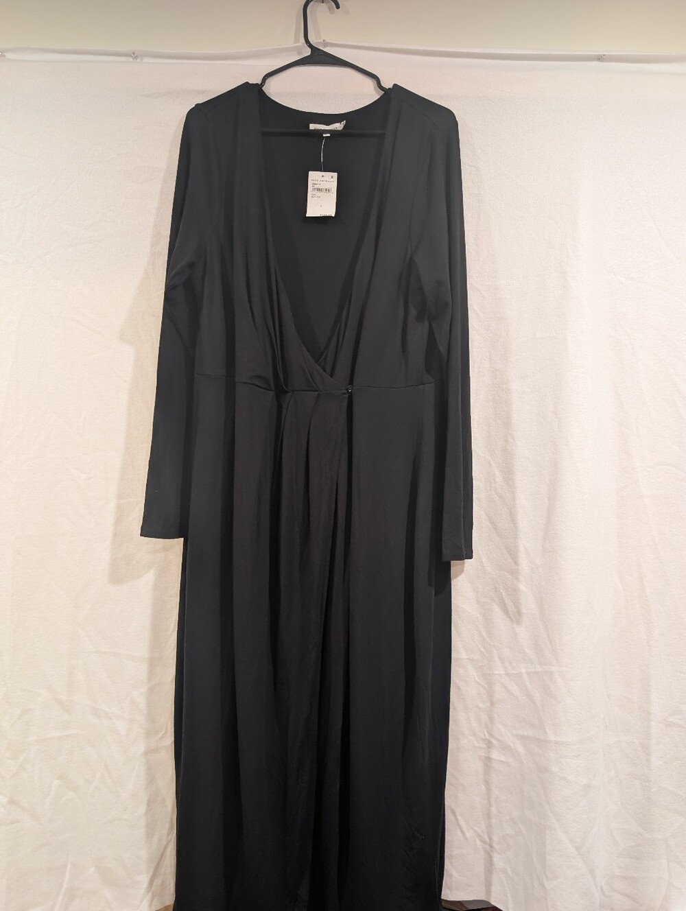 Good American Black Long Sleeve V-Neck Maxi Faux Wrap Good Touch Stretch Size 5